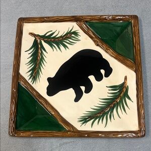 World Market Black Bear Pine Square  Green and Cream Dinner Plate Rustic Cabin